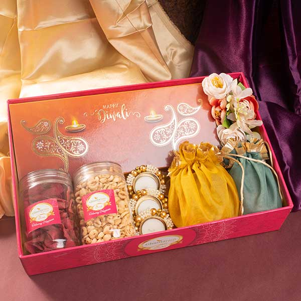 Pink Tray of Dryfruit Sweets, Namkeen, Mithai Dryfruit and T-lights